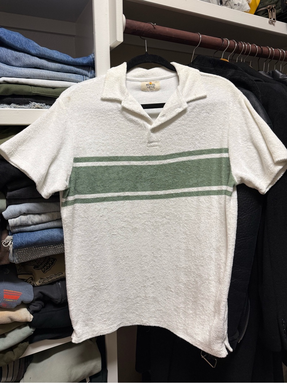 Marine Layer White Terry Polo with Green Chest Stripe